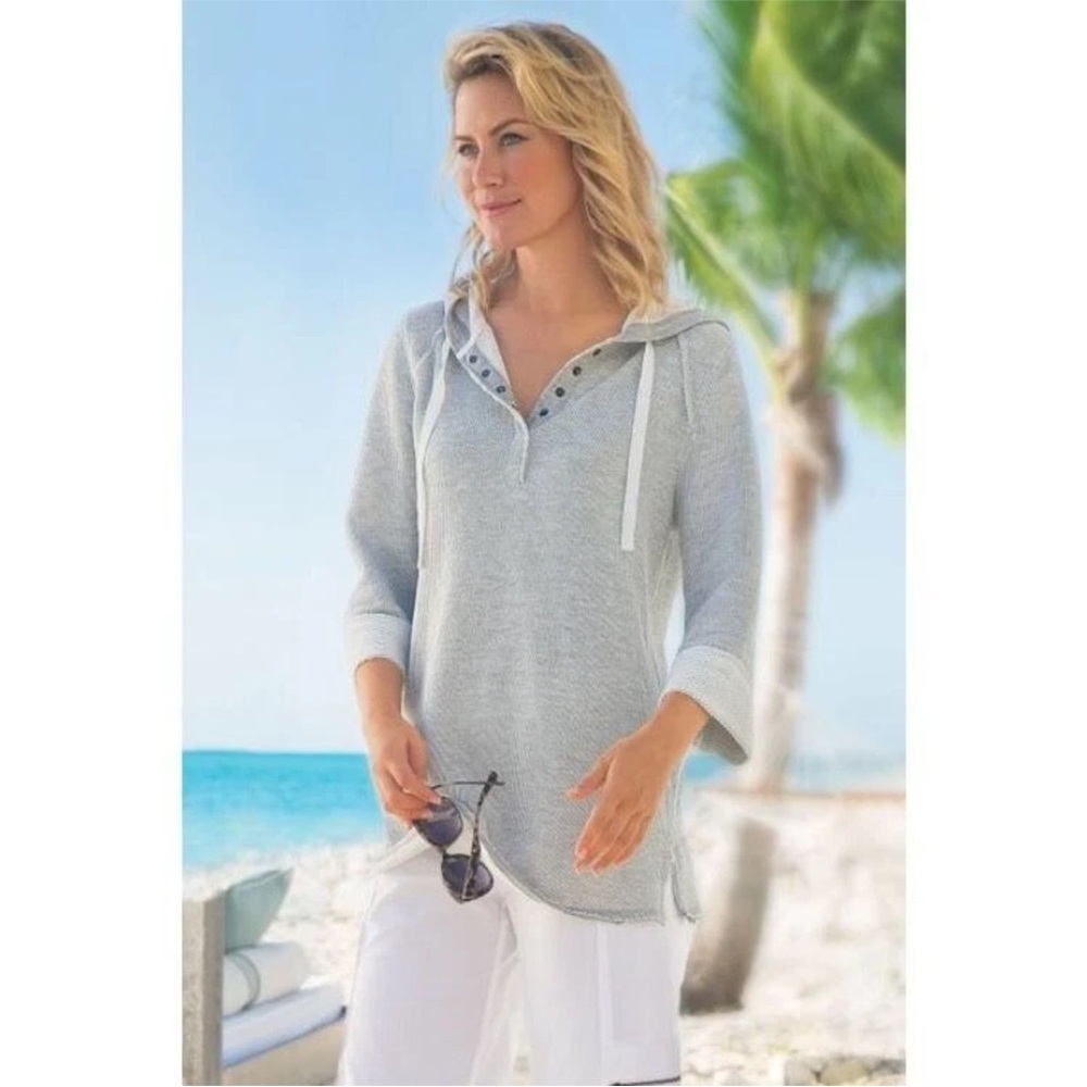 Soft Surroundings Just Beachy Pullover French‎ Terry Hooded Gray Top size medium